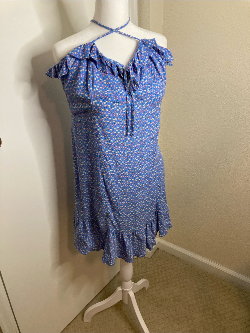 Blue Floral Halter Tie Ruffle Mini Dress